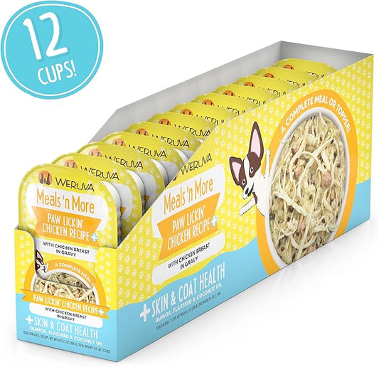 Weruva Meals 'n More Natural Wet Dog Food, Paw Lickin’ Chicken Plus Skin & Coat Health, 3.5oz Cup (Pack of 12)
