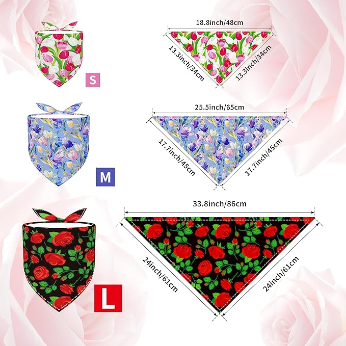 7 Pcs Spring Dog Bandanas for Small Medium Dogs Breed 25 Inch Summer Flowers Dog Bandana Adjustable Large Hemming Seam Edge Scarves Grooming M