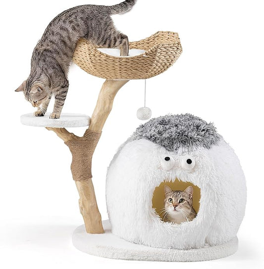 COSIEST 30.7" Modern Cat Tree for Indoor Cats, Sturdy Cat Tower with Scratching Post, Hanging Balls & MGO Trunks, Cat Condo with Woven Basket, Cute Aesthetic Cat Tree for Cats & Kittens, White