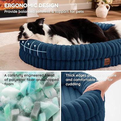 ChiXnuggle XL Dog Bed - Luxury Striped Faux Fur Waterproof Pet Couch with Removable Washable Cover, Orthopedic Dog Bed with Bolster Sides for Sleeping, Midnight Blue