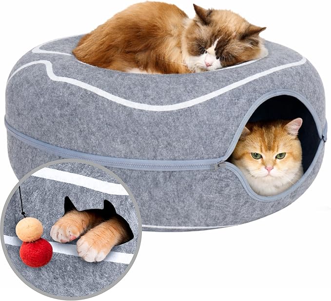 Meowfia Scratch-Resistant Felt Cat Cave – Donut Tunnel Bed Enclosure for Indoor Cats – Multi-Cat Hideaway in Cute Patterns (Light Grey)