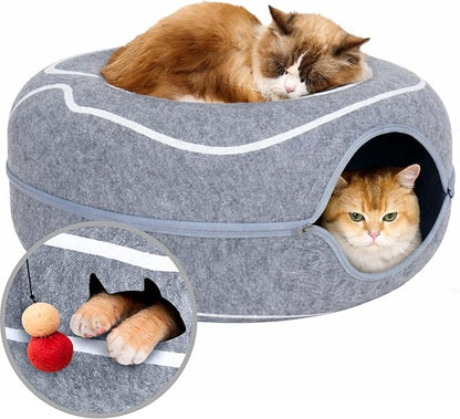 Meowfia Scratch-Resistant Felt Cat Cave – Donut Tunnel Bed Enclosure for Indoor Cats – Multi-Cat Hideaway in Cute Patterns (Light Grey)