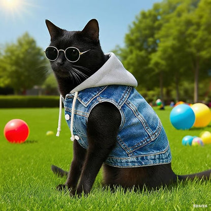 Cool Dog Jean Jacket Vest with D-Ring Blue Denim Dogs Hoodies Outfits for Small Medium Dogs Cats Boy Male Dog Clothes Costume Dogggie Puppy Harness Coat for Frenchie Walking(Grey Hat,M)