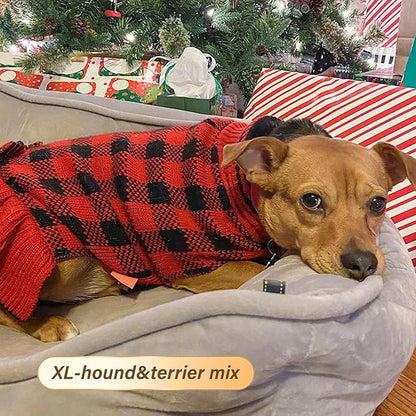 KYEESE Dog Christmas Sweater Dress with Bowtie Checkered, Turtleneck Dog Sweater for Small Dogs Girl with Leash Hole, Holiday Warm Pet Sweaters Dress, Red, X-Large