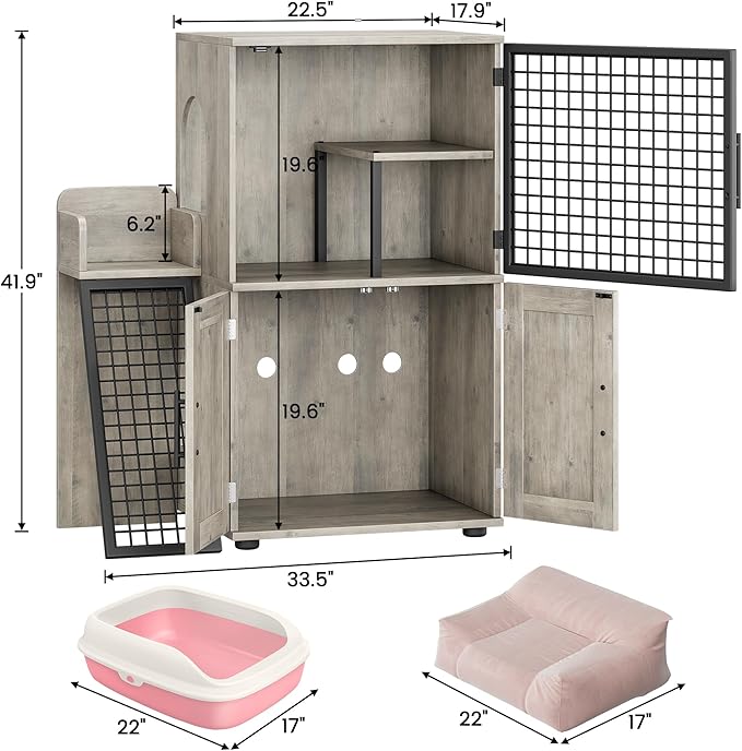 IDEALHOUSE Modern Cat Litter Box Enclosure with Platform, Double Layer Hidden Litter Box, Indoor Washroom, Villa Cat House with Ladder, 33.5" l x 17.9" w x 41.9" h,Grey