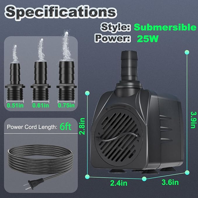 SongLong 400GPH Submersible Water Pump 6.5ft High Lift for Fountains | Ultra-Quiet with Over Heating Protection, Perfect for Hydroponic, Small Pond, Aquarium, Fountain Outdoor