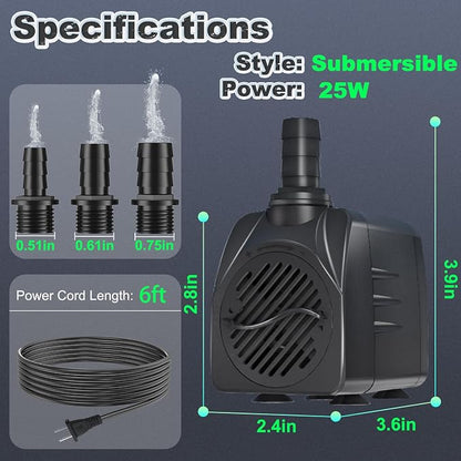 SongLong 400GPH Submersible Water Pump 6.5ft High Lift for Fountains | Ultra-Quiet with Over Heating Protection, Perfect for Hydroponic, Small Pond, Aquarium, Fountain Outdoor