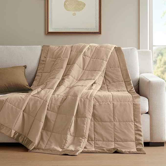 Madison Park Windom Down Alternative Blanket, Premium 3M Scotchgard Moisture Wicking Treatment, Lightweight and Soft Bed Cover For All Season, Satin Trim, Brown Full/Queen