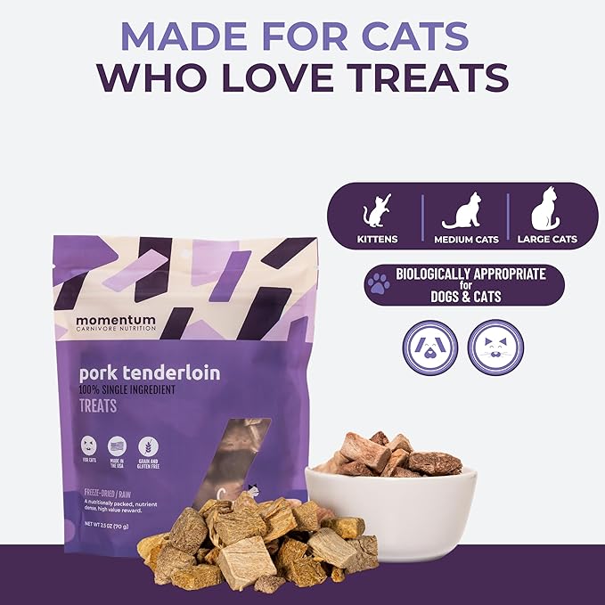 Momentum Carnivore Nutrition Freeze-Dried Pork Tenderloin Cat Treats – Single-Ingredient, High-Protein, All-Natural, Grain-Free, Lean & Naturally Tender – Made in USA – 2.5 oz Bag