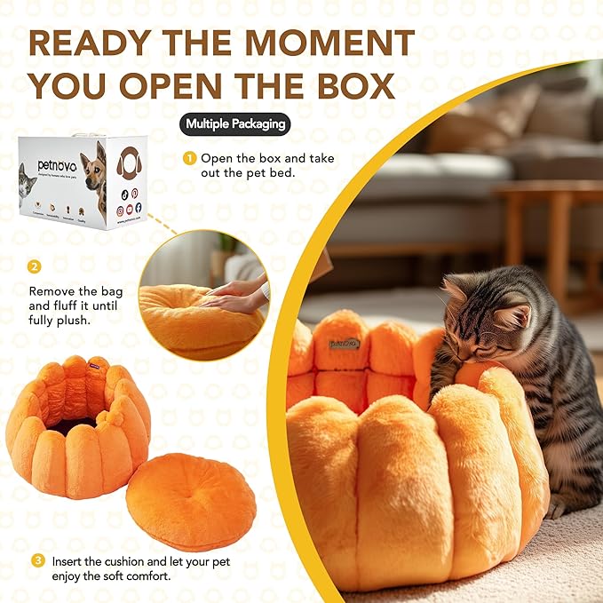PETNOVO Pumpkin Calming Cat Bed,Plush Donut Cuddler with High Bolster,Ultra Soft Bunny Plush,Oeko‑TEX,Non-Slip Pet Nest,for Indoor Cats up to 13 lbs & Small Dogs,20Lx20Wx12H Inch,Pumpkin Yellow