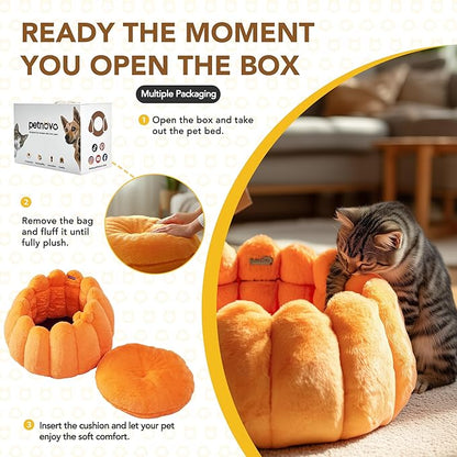 PETNOVO Pumpkin Calming Cat Bed,Plush Donut Cuddler with High Bolster,Ultra Soft Bunny Plush,Oeko‑TEX,Non-Slip Pet Nest,for Indoor Cats up to 13 lbs & Small Dogs,20Lx20Wx12H Inch,Pumpkin Yellow