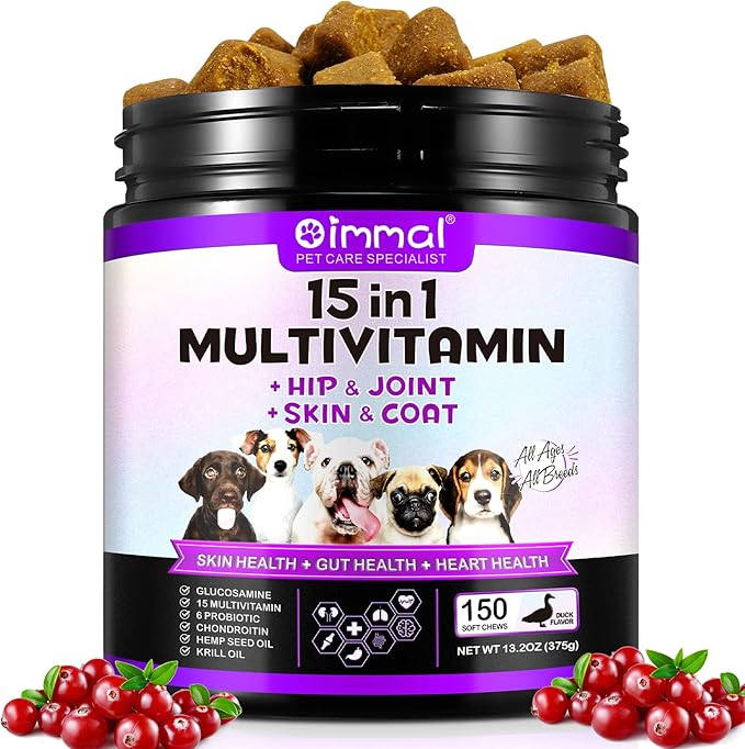 Dog Vitamins and Supplements, 15-in-1 Dog Multivitamin Chews with Glucosamine and Probiotics, Natural Daily Vitamins Treats for Dogs, Pet Health Support-Skin-Immunity-Gut Digestion-Joint-Heart,150pcs