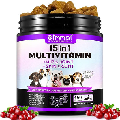 Dog Vitamins and Supplements, 15-in-1 Dog Multivitamin Chews with Glucosamine and Probiotics, Natural Daily Vitamins Treats for Dogs, Pet Health Support-Skin-Immunity-Gut Digestion-Joint-Heart,150pcs