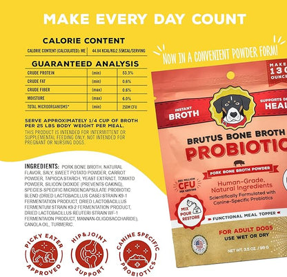 Brutus Broth Dog Food Topper - Instant Bone Broth Powder with Probiotics for Dogs’ Daily Digestive Health - Human-Grade Quality, Serve Dry or Wet - Pork Flavor, 3.5 oz (Pack of 1)