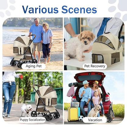 4 Wheels Pet Stroller for Small/Medium Dogs and Cats,Dog Stroller with Detachable Carrier and Storage Basket,One Click Folding, Compact Portable,Up to 50lbs,3 in1 Multifunctional(Khaki)
