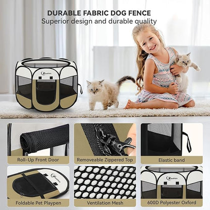 Siedihit Dog Cat Playpen, Small Puppy Pet Playpen, Dog Crate Tent Cage Indoor/Outdoor, Portable Pop Up Dogs Kennel Playpen with Carrying Case for Dogs/Cats/Rabbits(Khaki, Small)