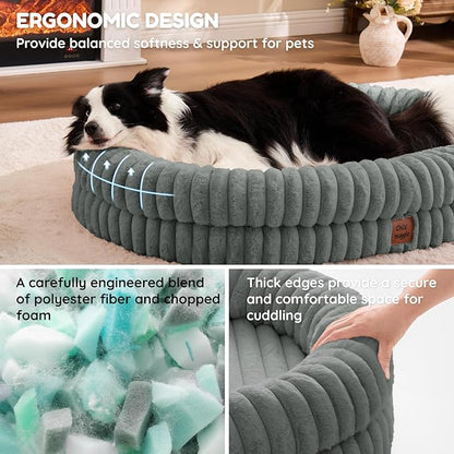 ChiXnuggle XL Dog Bed - Luxury Striped Faux Fur Waterproof Pet Couch with Removable Washable Cover, Orthopedic Dog Bed with Bolster Sides for Sleeping, Grey