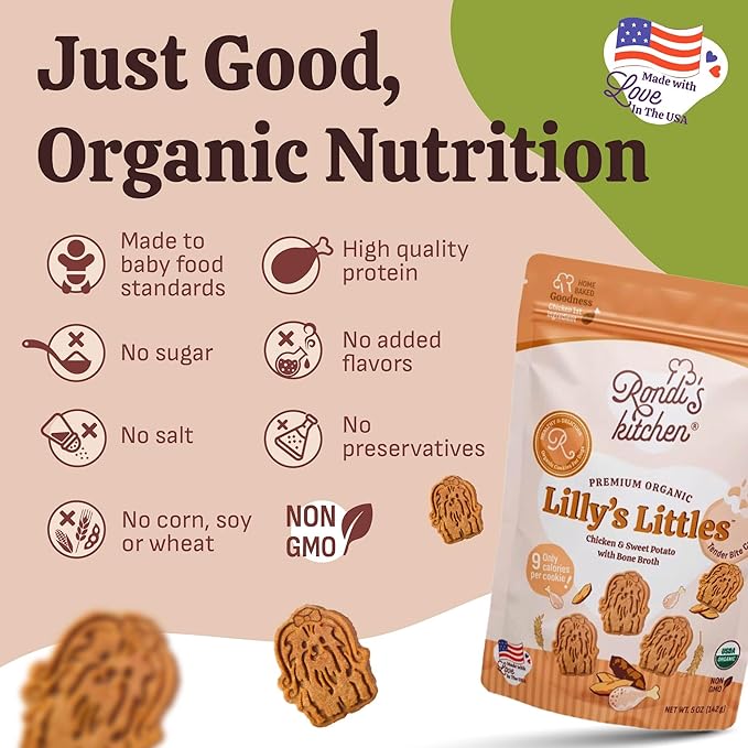 Rondi's Kitchen Lilly's Littles Organic Tender Dog Treats - Natural Doggie Cookie for Small Dogs, Puppy, Senior, Training - Human Grade Superfood Biscuit with Bone Broth - Chicken & Sweet Potato