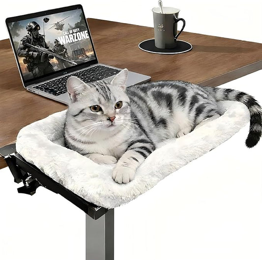 Cat Desk Bed for Home Office Worker Faux Rabbit Cushion Desk-Mounted Hammock Perch Foldable Desktop Space-Saving Clamp Mount Supports Indoor Cats Durable Removable Cover - Gray 21x17in