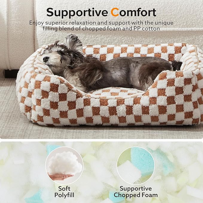 JOEJOY Dog Beds for Small Dogs -Cute Cat Beds for Indoor Cats Calming Pet Beds, Rectangle Orthopedic Cuddle Puppy Bed with Jacquard Shaggy Plush & Anti Slip Bottom, 20x19x6inches, Brown