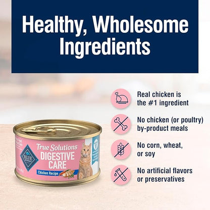 Blue Buffalo True Solutions Digestive Care Wet Cat Food for Adult Cats, Made with Natural Ingredients, Chicken, 3-oz. Cans (24 Count)