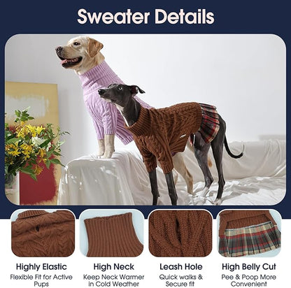 IECOii Girl XXXL Dog Sweater Dress, Girl Dog Sweaters for Extra Large Dogs Turleneck, Caramel,XXXLarge, Thermal Warm Knitwear with Leash Hole, Adorable Cable Knit Sweater for Christmas & Thanksgiving