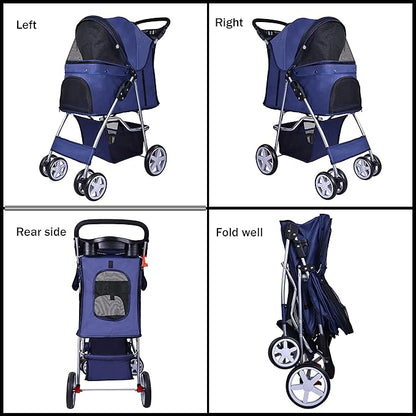 Elevon Pet Stroller, 4 Wheels Multifunction Dog Cat Stroller, Folding Portable Travel Stroller with Detachable Carrier, Suitable for Medium Small Dogs Cats, Blue