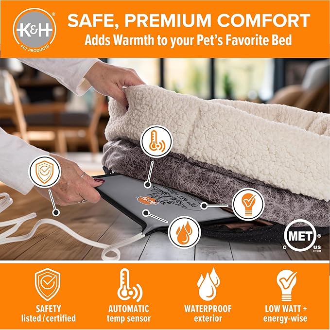 K&H Pet Products Pet Bed Warmer, Turn Any Pet Bed Into a Heated Cat or Dog Bed, Waterproof Indoor Heated Warming Pad Insert, Automatic Temperature, Safety Listed - Extra-Large 26.5 X 16.75in Gray