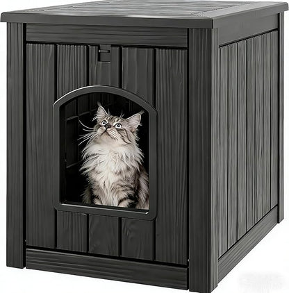 Cat Litter Box Enclosure, Plastic Outdoor Cat House Weatherproof, Multi-Functional Hidden Litter Box Furniture for Living Room, Backyard, Patio, Black