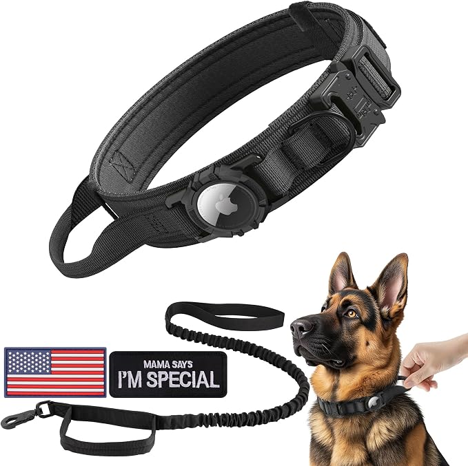 Tactical AirTag Dog Collar Leash Set - Heavy Duty, Adjustable GPS Collar | Compatible with Apple AirTag, with Holder & Control Handle for Medium/Large Dogs [ Black, M ]