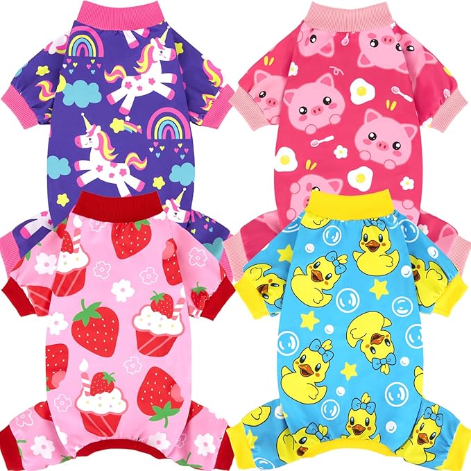 XPUDAC 4 Pieces Dog Pajamas Stretchy Dog Pjs Soft Cute Doggie Clothes for Small Medium Dogs Boy Girl Cats Pet Outfits, X-Small