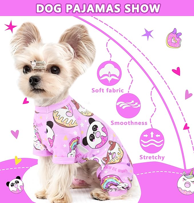 Summer Dog Pajamas Cute Donut Print Dog Onesie Dog Clothes for Small Dogs Soft and Lightweight Chihuahua Clothes Elastic Puppy Jumpsuit(Purple, X-Small)
