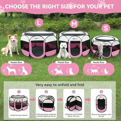 Siedihit Dog Cat Playpen, Puppy Pet Playpen Indoor for Dog Crate Tent Cage Outdoor, Portable Pop Up Dogs Enclosure Kennel with Carrying Case for Dogs/Cats/Rabbits (Pink with Pad, Medium)
