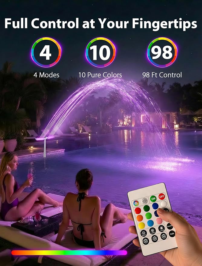 POOLHOUR 2026 Upgrade Height Solar Pool Fountain with 10-Color 4-Mode LED Lights, Auto Light-Sensing Pool Sprinkler Fountain for Above/Inground Pools, 360° Adjustable Spray for 8-16°F Cooling（White）