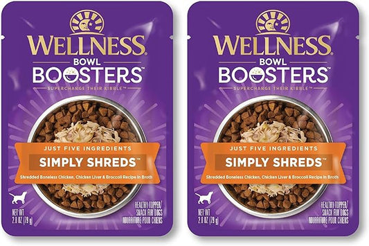 Wellness Bowl Boosters Simply Shreds Wet Dog Food Topper for Small,Medium,& Large Breeds,Grain Free,Natural,Chicken Liver & Broccoli,2.8 Ounce Pouch,(Pack of 24)