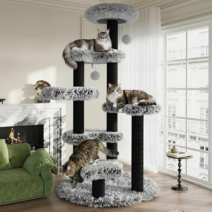 SHA CERLIN 61.5in Cat Tree Tower, Multi-Level Activity Center with Cozy Perch, Star-Shaped Platform, Moon Jumping Board, Sisal Scratching Posts, Hanging Toy Balls for Indoor Feline, Black and White