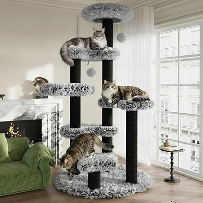 SHA CERLIN 61.5in Cat Tree Tower, Multi-Level Activity Center with Cozy Perch, Star-Shaped Platform, Moon Jumping Board, Sisal Scratching Posts, Hanging Toy Balls for Indoor Feline, Black and White