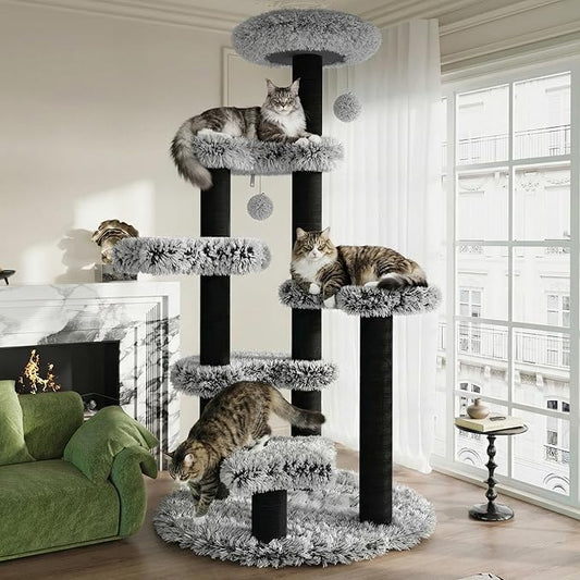 SHA CERLIN 61.5in Cat Tree Tower, Multi-Level Activity Center with Cozy Perch, Star-Shaped Platform, Moon Jumping Board, Sisal Scratching Posts, Hanging Toy Balls for Indoor Feline, Black and White