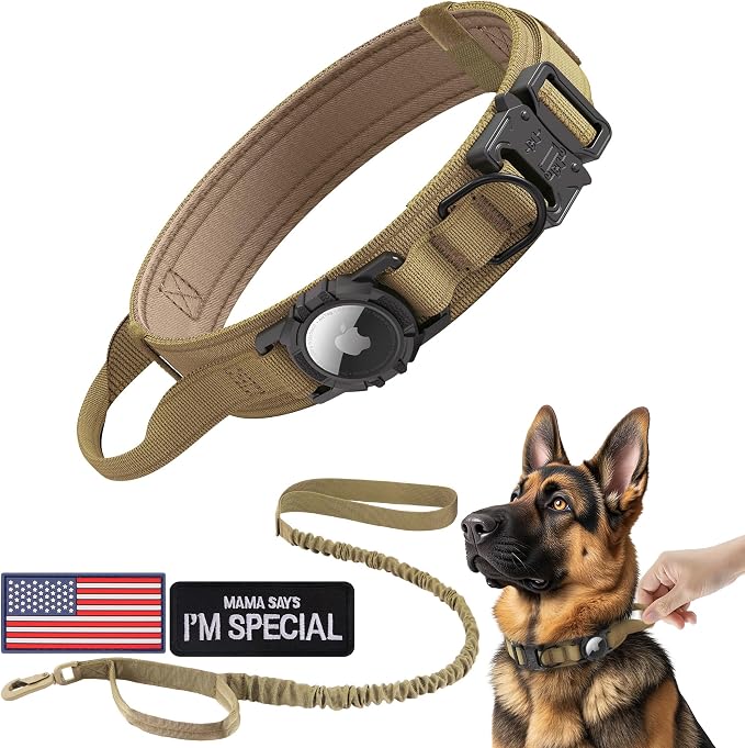 Tactical AirTag Dog Collar Leash Set - Heavy Duty, Adjustable GPS Collar | Compatible with Apple AirTag, with Holder & Control Handle for Medium/Large Dogs [ Brown, L ]