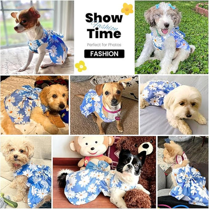 ABRRLO Cute Dog Dress Small Dog Clothes for Girls Female Puppy Outfits Floral Pet Summer Clothes Bowknot Doggy Harness Dress Cat Princess Dresses for Holiday Birthday Party (Blue Daisy, Small)