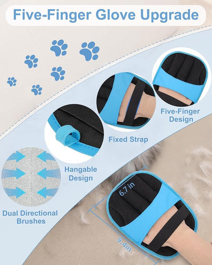 2 Pack Pet Hair Removal Glove, Five-Finger Tool for Dogs and Cats | Electrostatic Magic Brush, Reusable, for Furniture, Clothes and Car Seats, Grooming or Cleaning Needs(Blue)