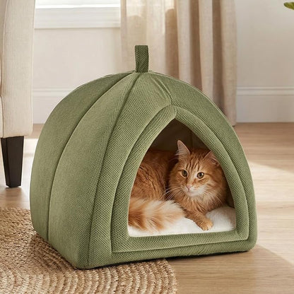 Amazon Basics Cat Cave Bed, 2-in-1 Foldable House for Indoor Cats, with Washable Cushion and Non-Slip Base, 15 x 15 Inches, Small, Green