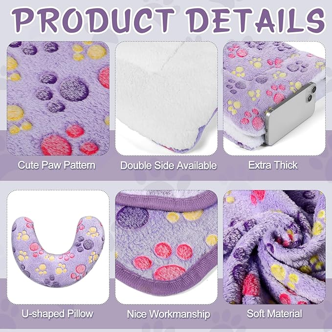 Namalu Cat Bed Mat with Soft Blanket and Pillow for Indoor Cats Cute Print Washable Crate Mat Fleece Warm Blanket Fluffy Pet Calming Half Donut U Shaped Neck Pillow for Small Dogs and Cats