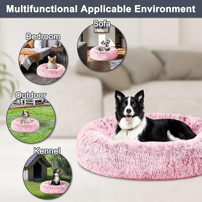 ELSKER&HOME Calming Dog Bed,Donut Washable Warming Soft Round 30 inches Dog Beds for Medium Dogs,Anti-Anxiety Fluffy Plush Cushion Bed Fits up to 50 lbs Pets,Pink