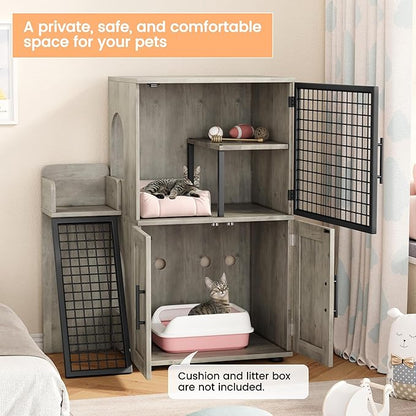 IDEALHOUSE Modern Cat Litter Box Enclosure with Platform, Double Layer Hidden Litter Box, Indoor Washroom, Villa Cat House with Ladder, 33.5" l x 17.9" w x 41.9" h,Grey