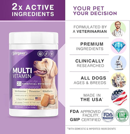 Gargeer Dog Multivitamin 21-in-1 Chews for Dogs. Rich with Fatty Acids & Antioxidants. Supports Healthy Gut, Mobility & Immune System. for Seniors and Puppies – 60 Soft Chews, Made in the USA, Enjoy!