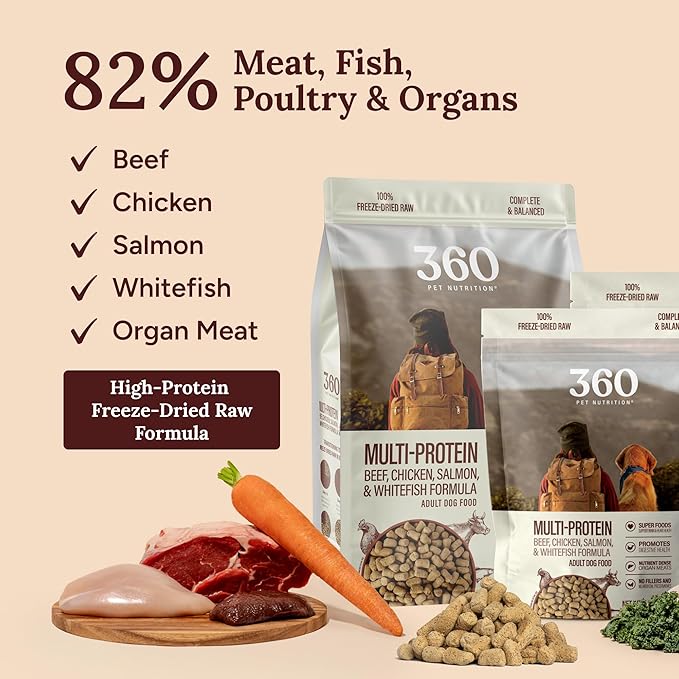 360 Pet Nutrition Freeze-Dried Raw Dog Food – Multi-Protein with Beef, Chicken, Fish, Liver & Organs, High Protein, Omega-3s, Fruits, Veggies & Superfoods, Grain-Free, No Fillers, 5 oz – Made in USA