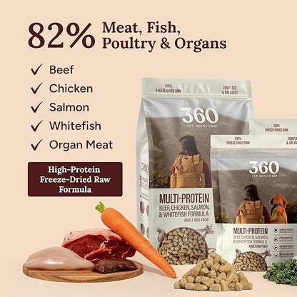 360 Pet Nutrition Freeze-Dried Raw Dog Food – Multi-Protein with Beef, Chicken, Fish, Liver & Organs, High Protein, Omega-3s, Fruits, Veggies & Superfoods, Grain-Free, No Fillers, 5 oz – Made in USA