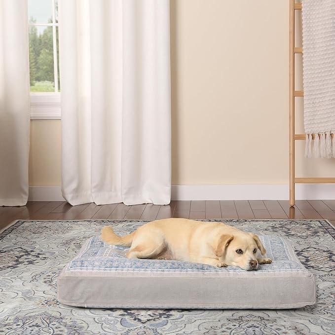 Town & Country Everyday CuddleTown Medallion Everwash® Pillow Pet Bed, Water Repellent Floor Pillow, Machine Washable Cover, Soft & Calming, Blue/Greige, Medium 36"x28"x4"