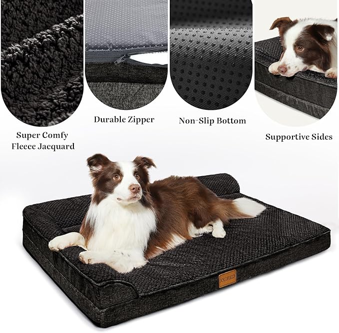 Orthopedic XL Dog Bed Large Sized Dog 48''X30'', Waterproof L Bolster Extra Large Egg Crate Foam Pet Crate Beds with Washable Removable Cover, Non-Slip Soft Pet Couch Mat, Black